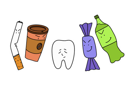 Concept illustration, doodle style. Bad habits for teeth. harmful products. A sad tooth with caries....