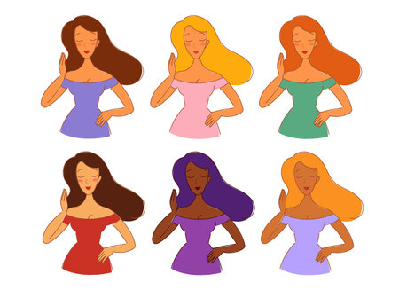 A woman touches her beautiful hair. Attractive body, elegant hands. Female avatars with stylish hairstyle vector icons. Smiling faces brunettes and blondes. Cartoon style. Different nationalities. Vector illustrationのイラスト素材