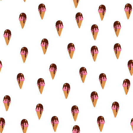seamless pattern with cartoon ice cream. Waffle cone, and pink ice cream with chocolate top glaze. Vector illustrationのイラスト素材