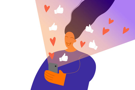 Flat style. Person with a phone, modern life social media. The flow of notifications. Getting likes. Vector illustrationのイラスト素材