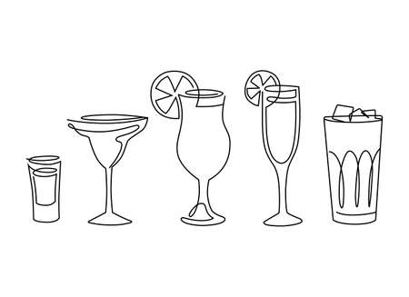 Line art set of alcohol drinks. Cocktail with a piece of fruit. Vector illustrationのイラスト素材