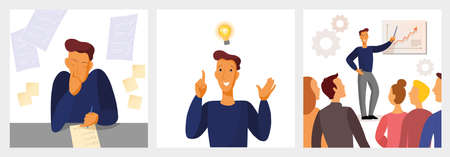 Work on idea. Presentation of new project. Person find a solution. Brainstorming process. Vector illustrationのイラスト素材