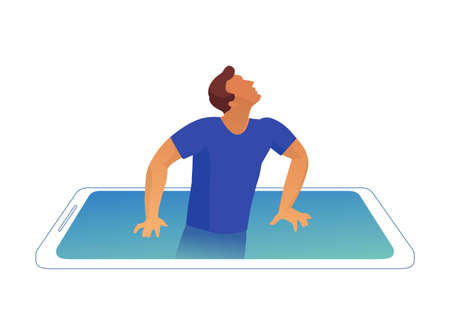Cartoon style. The man tries to get out of the phone. Digital detox. Smartphone addiction. Vector illustrationのイラスト素材