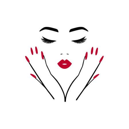 Minimal logo for a beauty salon, nail studio. Line woman portrait with hands. Bright lips and manicure. Vector illustrationのイラスト素材