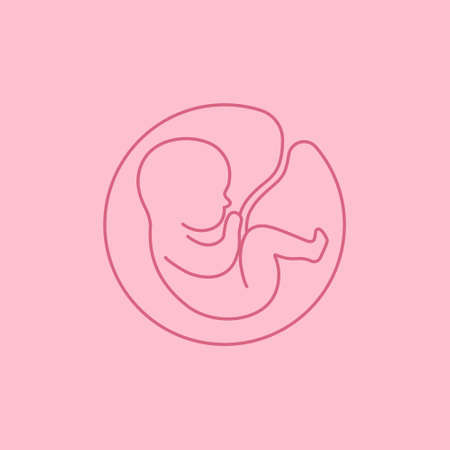 Line logotype. Baby in the womb. Stylish logo for a prenatal or reproductive clinic, pregnancy brochure, surrogacy agency. Round frame, elegant icon. Vector illustrationのイラスト素材