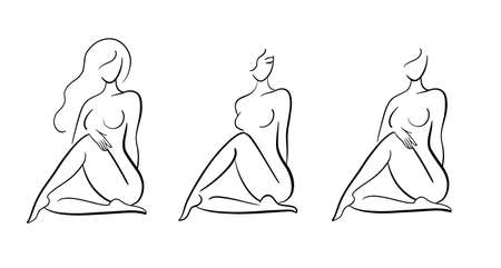 Female body sketch, line drawing of a beautiful figure. Sitting elegant woman. Vector illustrationのイラスト素材