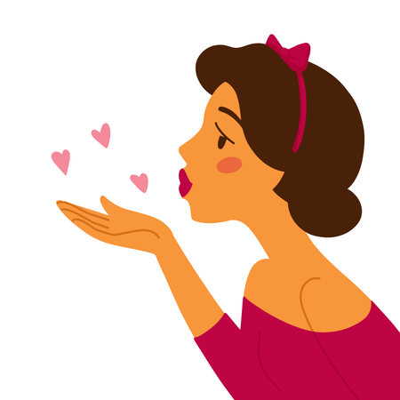 Air kiss, cute woman with hearts, cartoon character, flat style portrait . Vector illustrationのイラスト素材