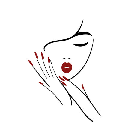 for a beauty salon, nail studio. Line woman portrait with hands. Red lips and manicure. Vector illustrationのイラスト素材