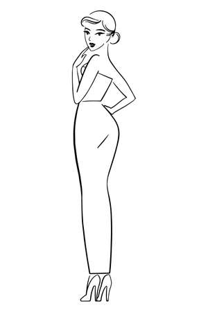 Pin up girl, back view, attractive flirting woman, cartoon character. Touches her lips by finger. Vector illustrationのイラスト素材