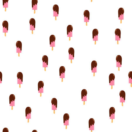 seamless pattern with cartoon ice lolly. Pink ice cream with chocolate top glaze. Vector illustrationのイラスト素材