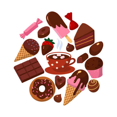 Carton style, set of chocolate sweets. All uses of chocolate. Round framed composicion. Bright vector illustrationのイラスト素材