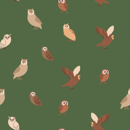 Seamless pattern, pastel owls, cute funny birds. Minimal art style, smart cartoon character. Vector illustrationのイラスト素材