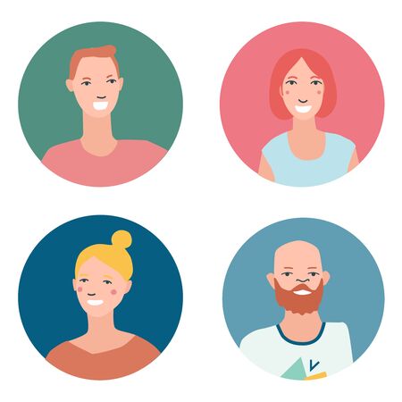 Colourful female and male faces circle in flat style. Cartoon vector icon. Modern design. Woman and men face. People silhouette avatar profile set. Round portrait isolated.のイラスト素材