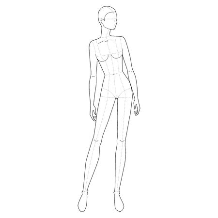 Fashion template of standing women. 9 head size for technical drawing with main lines. Lady figure front view. Vector outline girl for fashion sketching and illustration.のイラスト素材