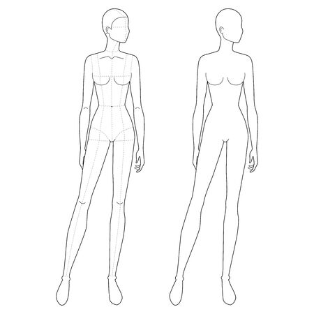 Fashion template of standing women. 9 head size for technical drawing. Lady figure front view. Vector outline girl for fashion sketching and illustration.のイラスト素材