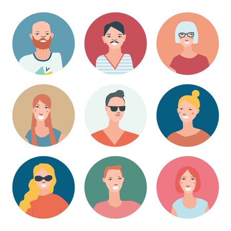 Colourful female and male faces circle in flat style. Cartoon vector icon. Modern design. Woman and men face. People silhouette avatar profile set. Round portrait isolated.のイラスト素材
