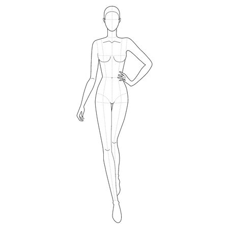 Fashion template of walking women. 9 head size for technical drawing with main lines. Lady figure front view. Vector outline girl for fashion sketching and illustration.のイラスト素材