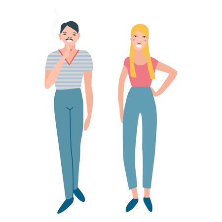 Female and male cartoon character standing and smoking in jeans. Trendy flat vector illustration. Young woman and men student character. White background isolated.のイラスト素材