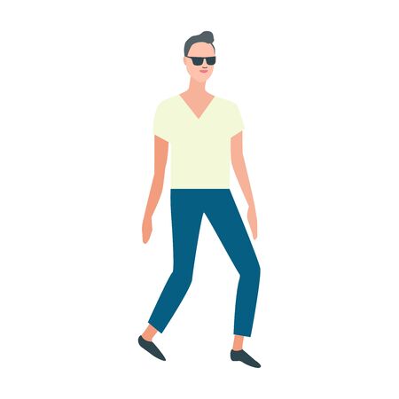 Male cartoon character walking in sun glasses. Trendy flat vector illustration. Young man student character. White background isolated.のイラスト素材
