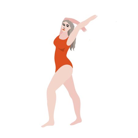Young pretty woman stands hands up in red orange swimsuit in plus size. Female girl cartoon character body positive movement and beauty diversity isolated. Colourful flat vector illustration.のイラスト素材