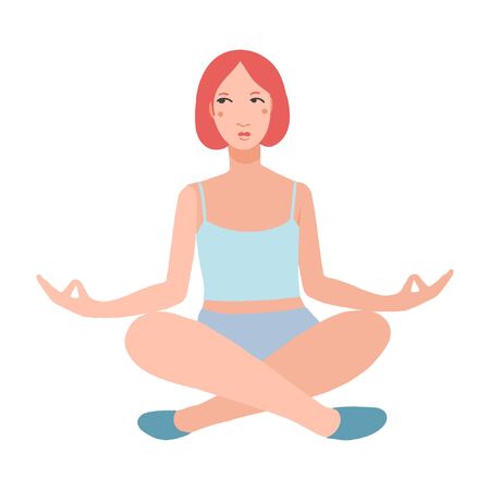 Young pretty woman performing yoga exercise. Female cartoon character sitting in lotus posture and meditating vipassana meditation. Girl with crossed legs isolated. Colorful flat vector illustrationのイラスト素材