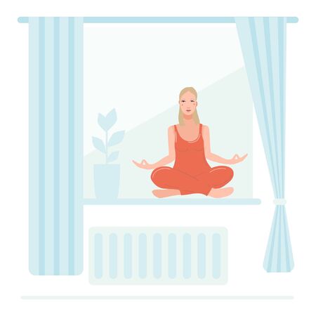 Young pretty woman sitting on the window in her room, performing yoga exercise. Female cartoon character sitting in lotus posture and meditating vipassana meditation. Girl with crossed legs isolated.のイラスト素材