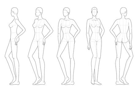 Fashion template of walking and standing lady with main lines. 9 head size for technical drawing. Womans figure front view. Vector outline girl template for fashion sketching and illustration.のイラスト素材