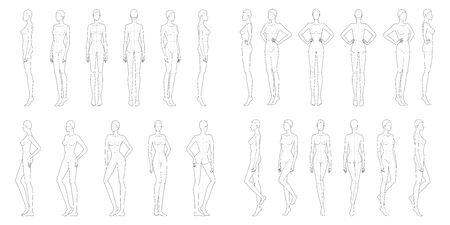 Fashion template 9 head for technical drawing with main lines. 23 Womans figure front, back, 3-4 and side view. Vector outline girl template for fashion sketching and illustration.のイラスト素材