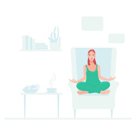Young pretty woman sitting on chair in her room performing yoga exercise. Female cartoon character sitting in lotus posture and meditating vipassana meditation. Girl flat with crossed legs isolated.のイラスト素材