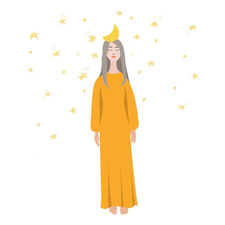 Young pretty woman stands with moon on her head and stars shining around. Female cartoon character stands in long ochre sienna fashion dress isolated. Colourful flat vector illustrationのイラスト素材