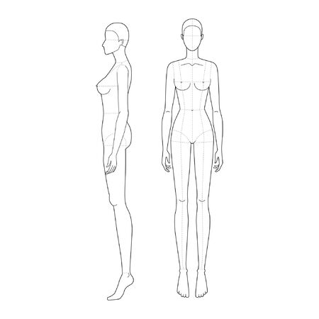 Fashion template 9 head for technical drawing with main lines. Womans figure front and back view. Vector outline girl model template for fashion sketching for fashion illustration.のイラスト素材