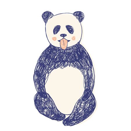 Cute panda sitting and putting out ones tongue for children and adults clothes prints screen in 3 colours - navy, beige and pink in doodles hand drawn style. Fashion illustration drawing in modern style.のイラスト素材