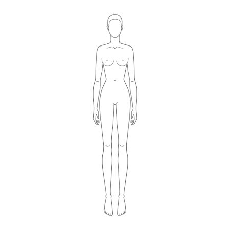 Fashion template 9 head for technical drawing. Womans figure front view. Vector outline girl model template for fashion sketching for fashion illustration.のイラスト素材