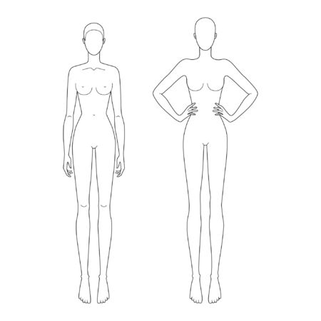 Fashion template 9 head for technical drawing with 2 position of hands. Womans figure front view. Vector outline girl model template for fashion sketching for fashion illustration.のイラスト素材