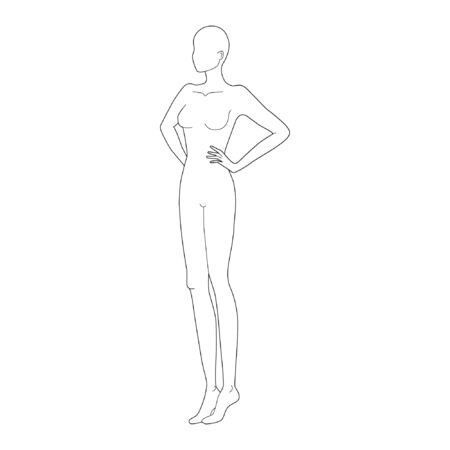 Fashion template 9 head for technical drawing with hands on waist. Womans figure side view. Vector outline girl model template for fashion sketching for fashion illustration.のイラスト素材