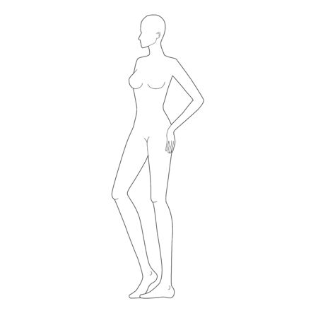 Fashion template of women in standing poses. 9 head size for technical drawing. Lady figure side view. Vector outline girl for fashion sketching and illustration.のイラスト素材