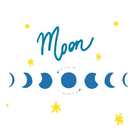 Phase of moon and moon lettering with stars in yellow and blue colours in doodles hand drawn style. Print for t-shirt for kids fashion artwork children and adults books. Fashion illustration drawing in modern style.のイラスト素材