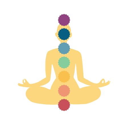Meditating human in lotus pose. Yoga illustration. Colourful 9 chakras. Cartoon character sitting in yoga posture with isolated background. Colourful flat vector illustrationのイラスト素材