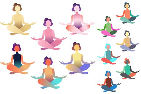 Set of abstract meditated women in different colours. Female cartoon character sitting in lotus posture and meditating vipassana meditation with flowers in body and yoga mat. Colourful flat vectorのイラスト素材