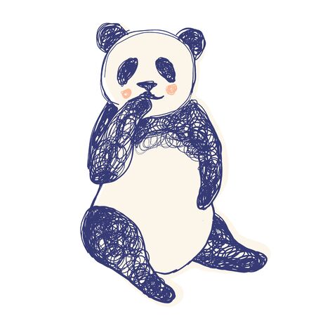 Cute panda sitting and touching mouth for children and adults clothes prints screen in 3 colours - navy, beige and pink in doodles hand drawn style. Fashion illustration drawing in modern style.のイラスト素材