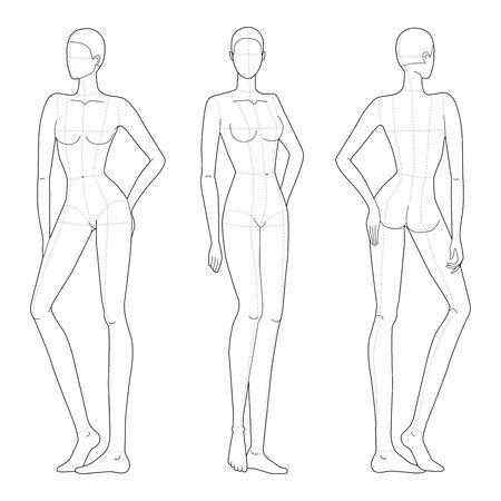 Fashion template of women in standing poses. 9 head size for technical drawing with main lines. Lady figure front, side and back view. Vector outline girl for fashion sketching and illustration.のイラスト素材