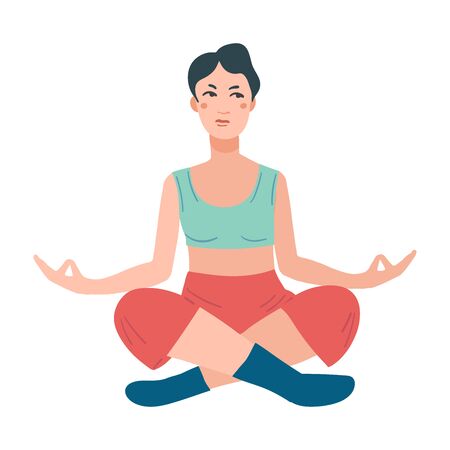 Young pretty woman performing yoga exercise. Female cartoon character sitting in lotus posture and meditating vipassana meditation. Girl with crossed legs isolated. Colorful flat vector illustrationのイラスト素材