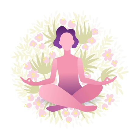 Young pretty woman performing yoga exercise. Female cartoon character sitting in lotus posture and meditating vipassana meditation. Girl with crossed legs isolated. Colorful flat vector illustrationのイラスト素材