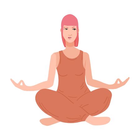 Young pretty woman performing yoga exercise. Female cartoon character sitting in lotus posture and meditating vipassana meditation. Girl with crossed legs isolated. Colorful flat vector illustrationのイラスト素材
