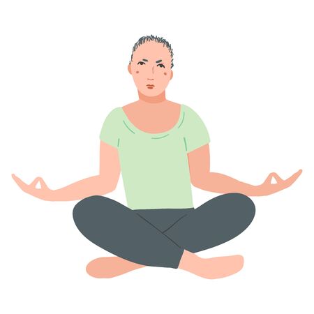 Young handsome men performing yoga exercise. Male cartoon character sitting in lotus posture and meditating vipassana meditation. Girl with crossed legs isolated. Colorful flat vector illustrationのイラスト素材