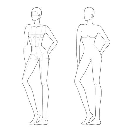 Fashion template of women in standing poses. 9 head size for technical drawing with main lines. Lady figure front view. Vector outline girl for fashion sketching and illustration.のイラスト素材