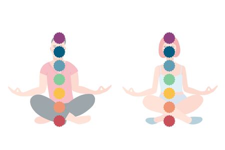 Meditating mens and women in lotus pose performing vipassana. Female and male cartoon character sitting in yoga posture with isolated background. Colourful flat vector illustrationのイラスト素材
