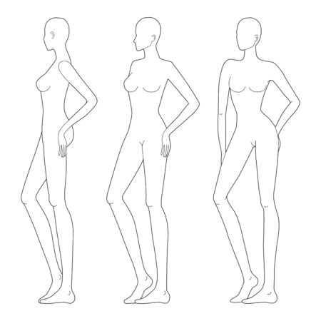 Fashion template of lady in standing poses. 9 head size for technical drawing. Womans figure front and side view. Vector outline girl template for fashion sketching and illustration.のイラスト素材