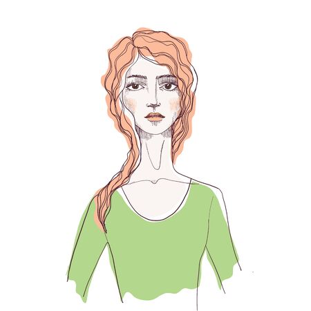 Beautiful girl hand drawn portrait fashion illustration. Stylish women with pink hair and green coat. Vector illustration of fashion women. Can be used for site, invitation.のイラスト素材