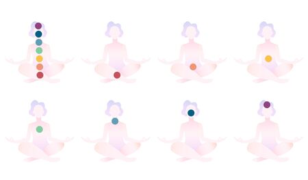 Set of 8 abstract meditated women in different colours 9 chakras. Female cartoon character sitting in lotus posture and meditating vipassana meditation. Trendy colours flat vector illustration.のイラスト素材